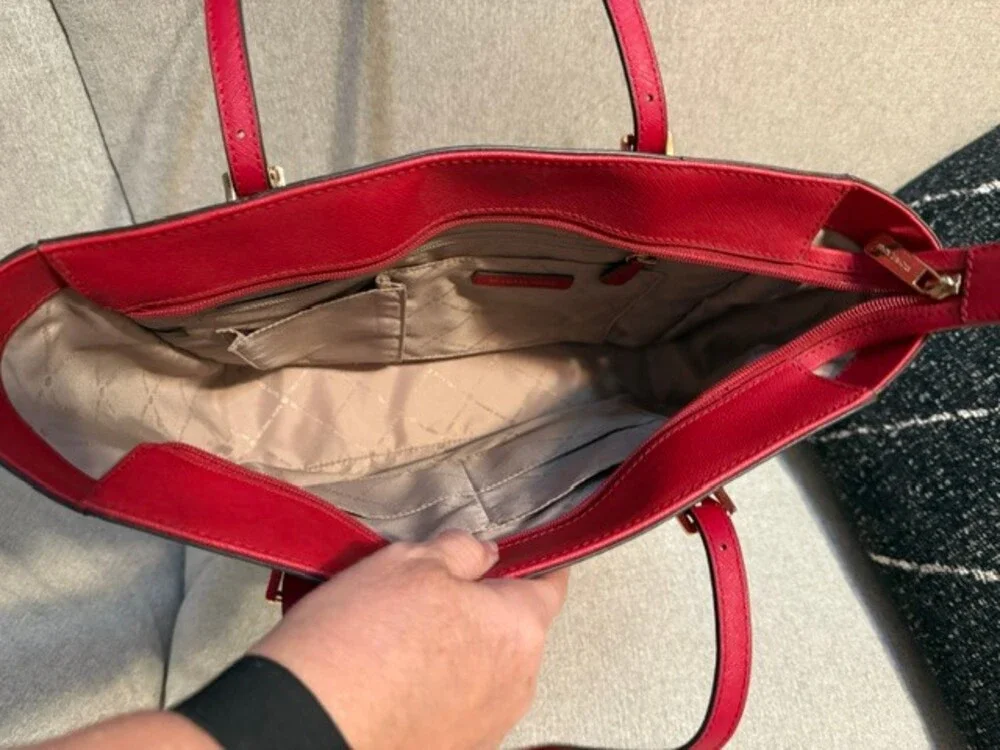 Michael Kors Red Leather Tote Handbag Double Strap Shoulder Bag